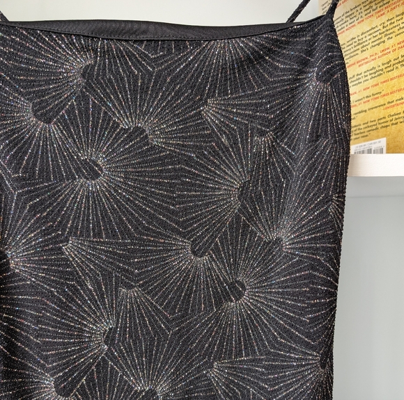 Y2K Mini Slip Dress Black Sparkle Starburst Pattern Size Small Celestial Fairy - Picture 2 of 8